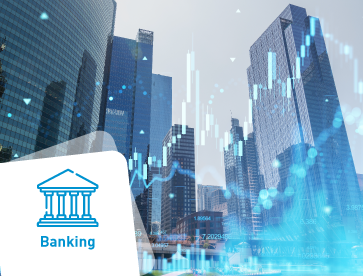 Paisagem urbana futurista com altos arranha-céus de vidro. Sobreposto com gráficos digitais e um ícone bancário, transmitindo temas de finanças e tecnologia.
