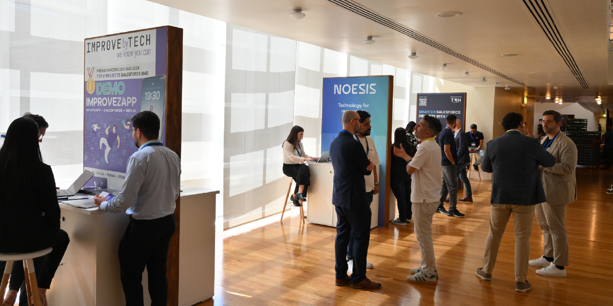 Exhibition area at Agentforce World Tour Lisbon featuring the Noesis booth