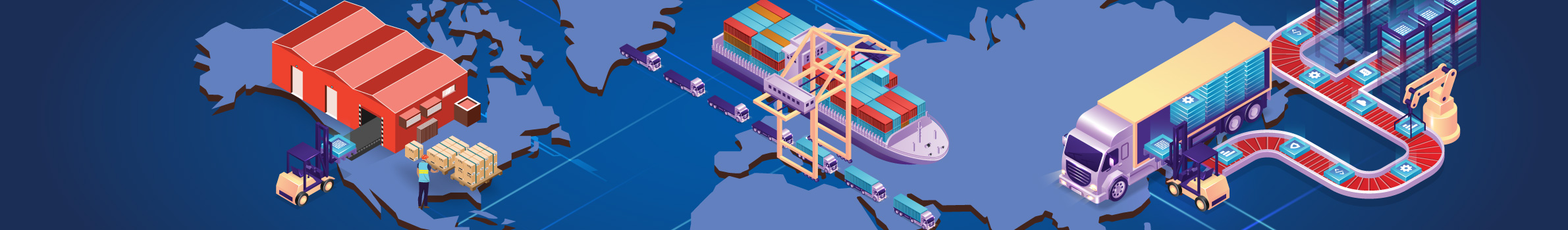 Illustration of a global logistics chain featuring sea and road transport, warehouses, distribution centers, and automated processes
