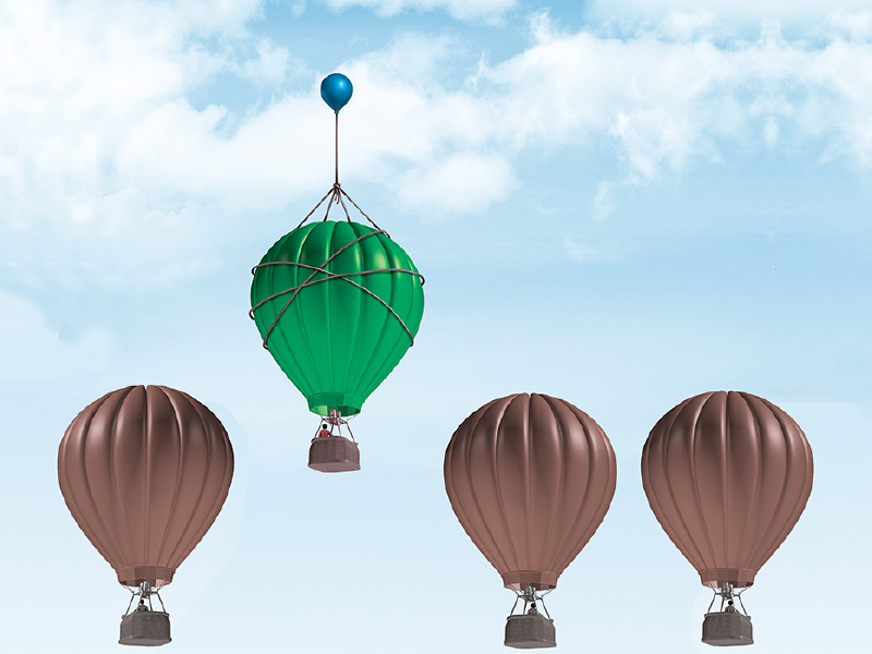 Balões de ar quente de diferentes cores, o balão verde representa o nosso serviço de qualidade