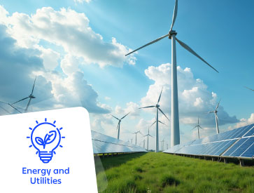 Painéis solares e turbinas eólicas num campo verde